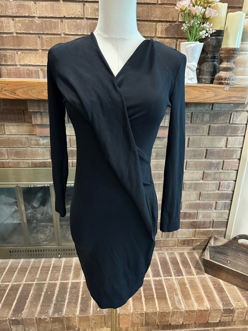 COS Black Asymmetric Draped Front V-Neck Long Sleeve Mini Dress Size XS